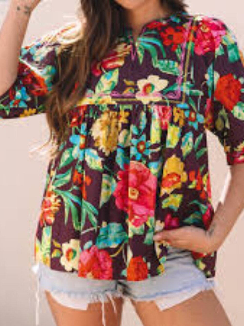 Adhara Flower Embroidered Trim Half Sleeve Blouse by Threaded Pear L